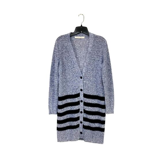 Nordstrom Collection Cardigan Boyfriend Blue Sweater Striped Linen Size Medium - Picture 1 of 7